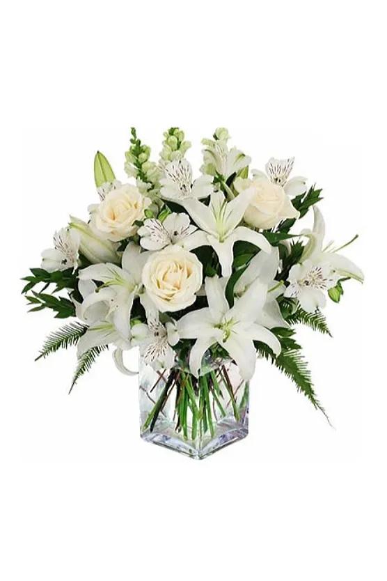 百合花+白玫瑰+時令配花加配花瓶 - 點擊查看商品詳情 百合花+白玫瑰+時令配花加配花瓶 | 御花店